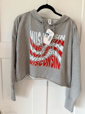 Wisconsin Graphic Cropped Hoodie - Gray & Red Size Small NWT